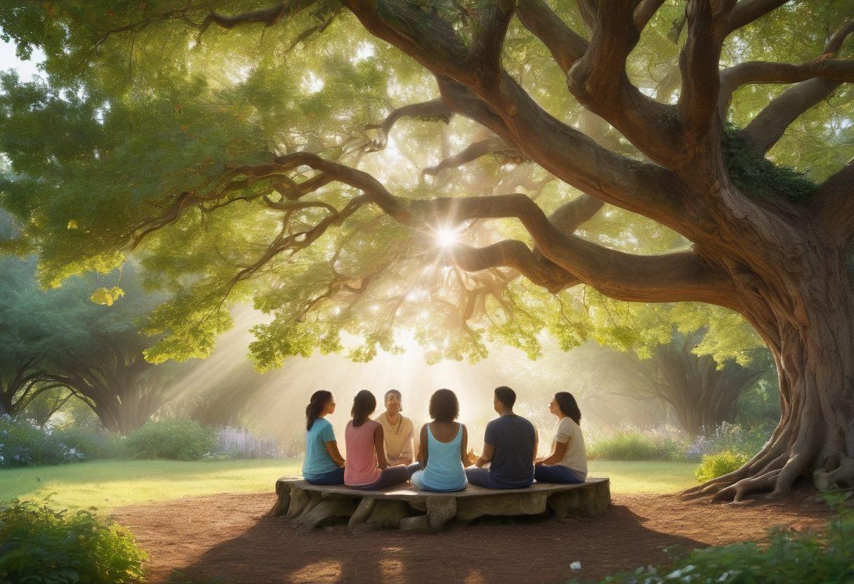 A serene scene featuring a diverse group of individuals gathered in a supportive circle under a large, ancient tree symbolizing strength and growth. Each person has a unique expression of hope and resilience, with soft sunlight filtering through the leaves. Include elements of nature like blooming flowers and butterflies, symbolizing healing and transformation. The background shows a peaceful community garden, suggesting a sense of belonging and support. super-realistic. vibrant colors. soft focus.