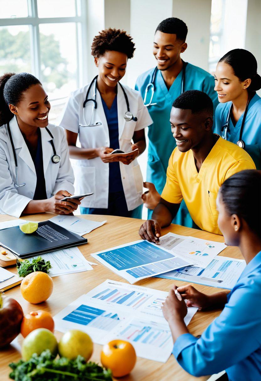 An inspiring image depicting a diverse group of healthcare professionals collaborating with patients in a bright and welcoming clinic. Include visuals of informative pamphlets and charts on cancer prevention, with a subtle overlay of healthy lifestyle imagery like fruits, vegetables, and exercise. The atmosphere should feel hopeful and motivating, with warm lighting and soft colors to evoke a sense of community and support. super-realistic. vibrant colors. white background.