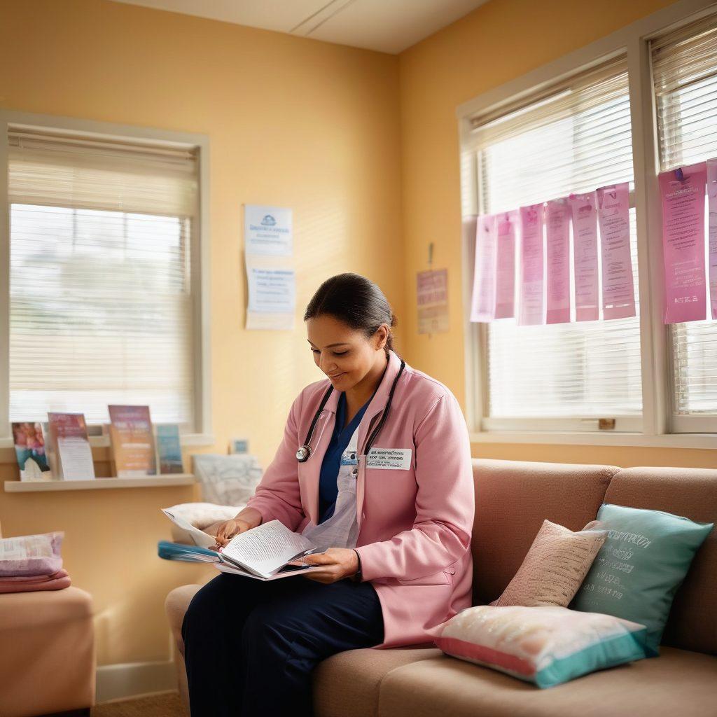 A compassionate doctor engaging with a diverse group of cancer patients in a cozy support room, showcasing various awareness materials like pamphlets and ribbons. The atmosphere should be warm and inviting, emphasizing hope and community. A large window lets in soft natural light, creating a serene environment. The background features uplifting quotes about resilience and support. super-realistic. vibrant colors. soft lighting.